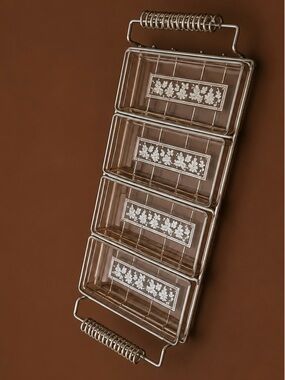 Vintage Serving 5 Pc Set MCM 4 Glass Trays With Chrome Caddy Snacks Relish Dish
